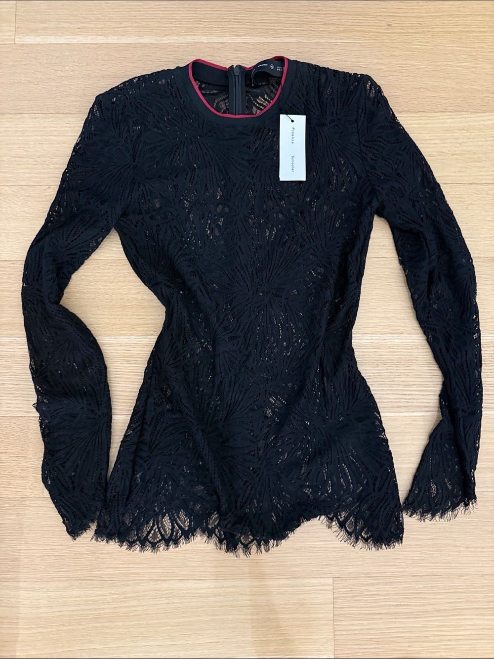 Proenza Schouler Black Lace Long-Sleeve Top with Red Trim